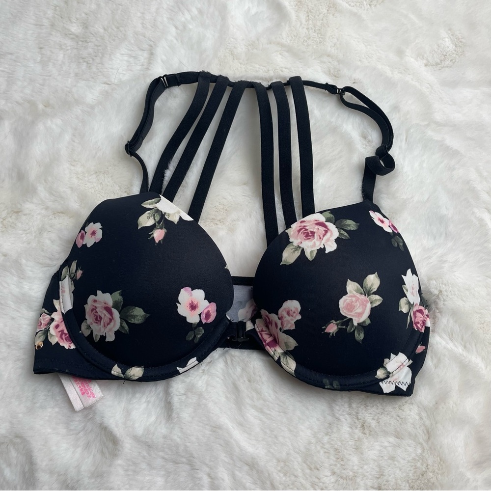 PINK Victoria's Secret Black and Pink Floral Strappy Bra